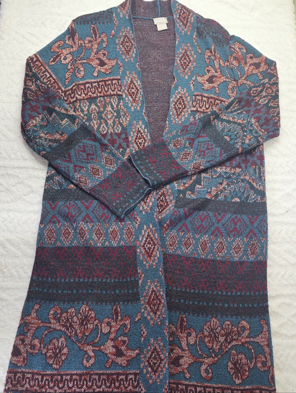 Chico's Duster Cardigan Teal Burgundy Metallic Jacquard Knit Open Front Boho Art